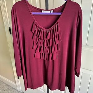 Susan Graver Plus Size Maroon Ruffle Front 3/4” Blouse 2X
